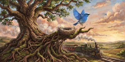 An artistic, stylized digital illustration featuring a massive, ancient oak tree with thick, intricate, twisting roots on the left. A vibrant blue fledgling bird takes flight into a warm sunset sky, leaving a woven nest perched on a mossy branch. In the lower right background, a vintage steam train travels along a railroad track winding through a rolling green country landscape, emitting a soft trail of white smoke.