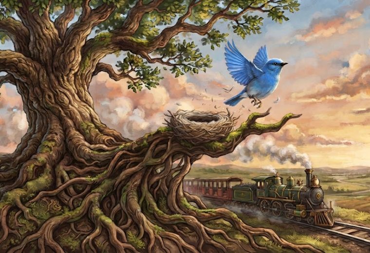 An artistic, stylized digital illustration featuring a massive, ancient oak tree with thick, intricate, twisting roots on the left. A vibrant blue fledgling bird takes flight into a warm sunset sky, leaving a woven nest perched on a mossy branch. In the lower right background, a vintage steam train travels along a railroad track winding through a rolling green country landscape, emitting a soft trail of white smoke.