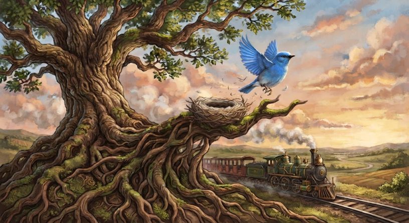 An artistic, stylized digital illustration featuring a massive, ancient oak tree with thick, intricate, twisting roots on the left. A vibrant blue fledgling bird takes flight into a warm sunset sky, leaving a woven nest perched on a mossy branch. In the lower right background, a vintage steam train travels along a railroad track winding through a rolling green country landscape, emitting a soft trail of white smoke.