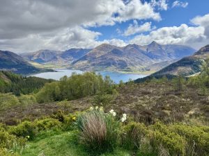 Ratagan Pass Viewpoint of Loch Duich and the Five Sisters of Kintail mountain range, Scotland.