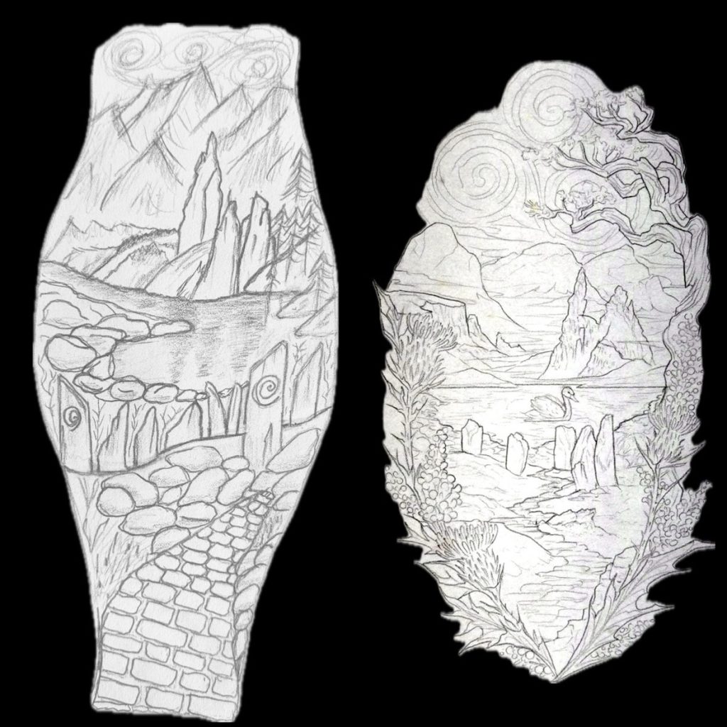 Initial concept sketch alongside Shauna's final mythical landscape layout design for a Scotland realism tattoo.