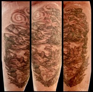 Fresh tattoo after 2-hour second session, protected with Saniderm bandage.