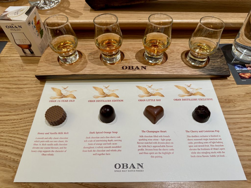 The Oban Distillery's "Milk, Dark & Drams" experience, featuring four Oban single malt whiskies paired with handmade chocolates from the nearby Oban Chocolate Shop.