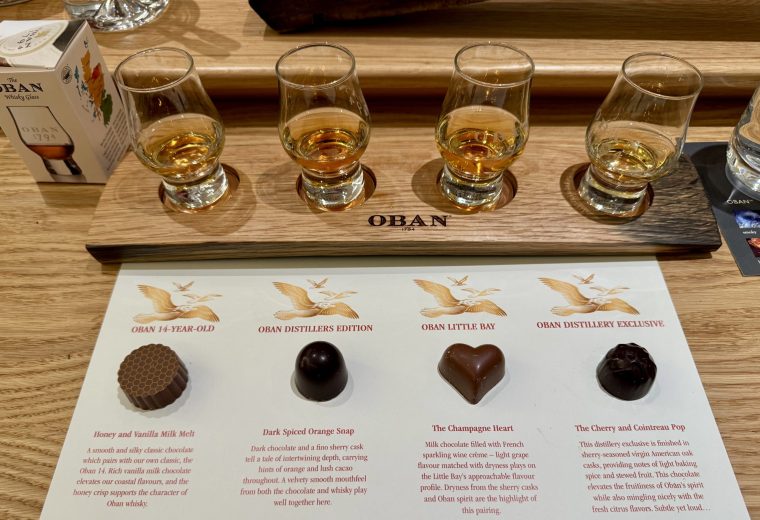 The Oban Distillery's "Milk, Dark & Drams" experience, featuring four Oban single malt whiskies paired with handmade chocolates from the nearby Oban Chocolate Shop.