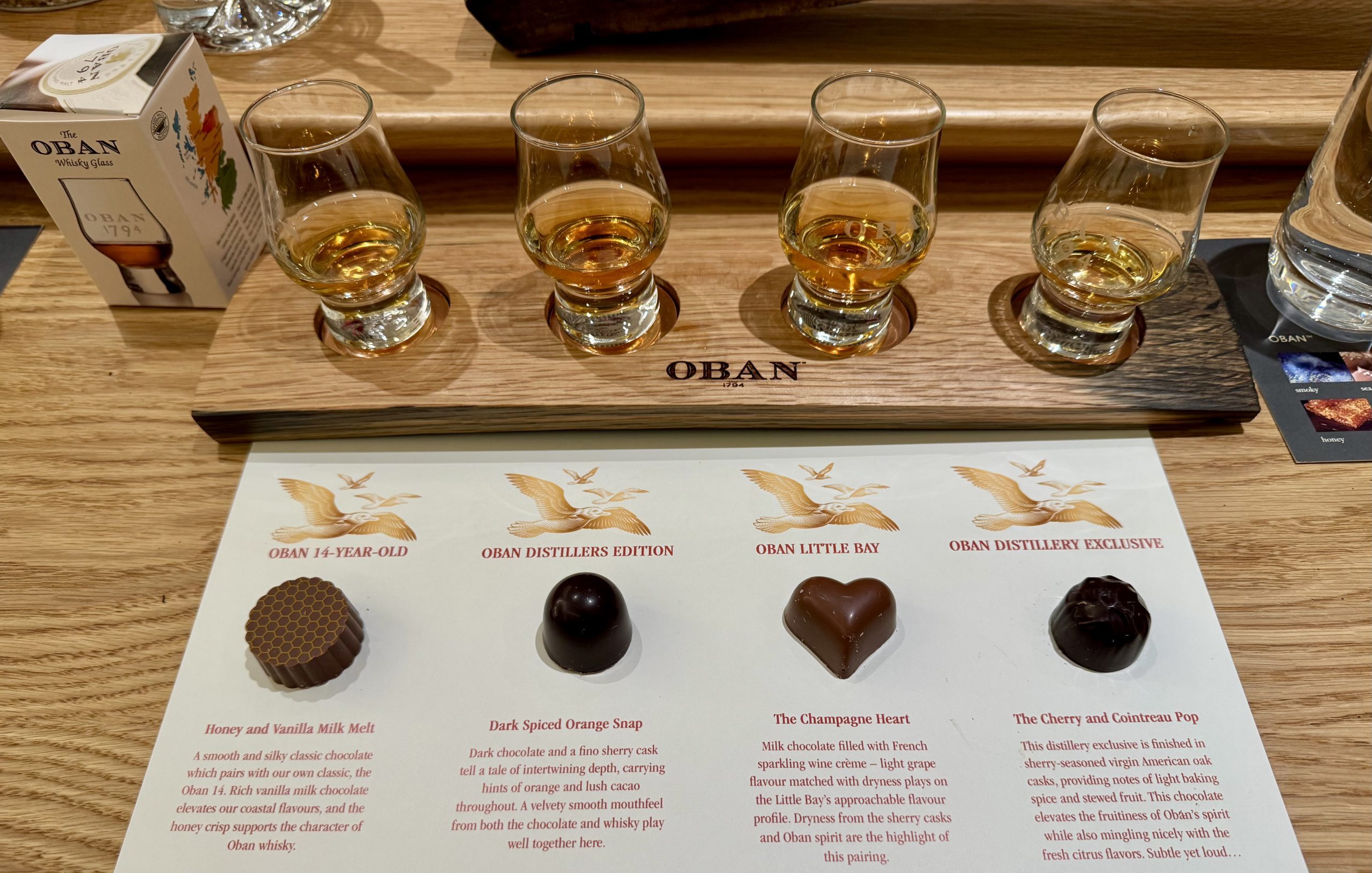 The Oban Distillery's "Milk, Dark & Drams" experience, featuring four Oban single malt whiskies paired with handmade chocolates from the nearby Oban Chocolate Shop.