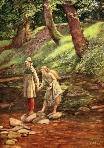 Rosalind and Celia crossing a stream. ‘As you like it.’ in Eleanor Fortesque-Brickdale's Golden Book of Famous Women, 1919.