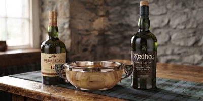 A quaich drinking cup on a table with a bottle of Redbreast 12 and a bottle of Ardbeg Ten whiskies.