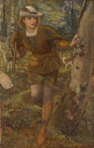 Rosalind, from Shakespeare’s As You Like It. Detail from Arthur Hughes’ Pre-Raphaelite triptych, As You Like It (1872–1873).