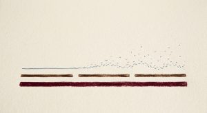 A linear, minimalist landscape composed of broken, dashed lines punctuated by small, rhythmic dots stretching horizontally across the page.